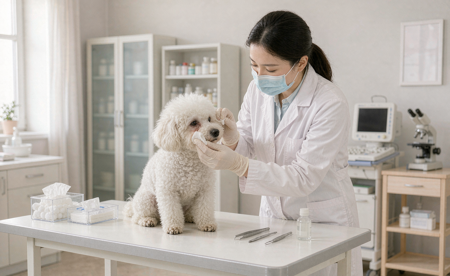 太原狗狗泪痕护理:兽医为比熊犬擦拭眼角泪痕