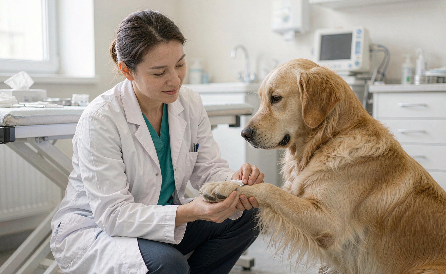 太原狗狗趾间炎检查:兽医托起金毛犬前爪查看趾缝皮肤