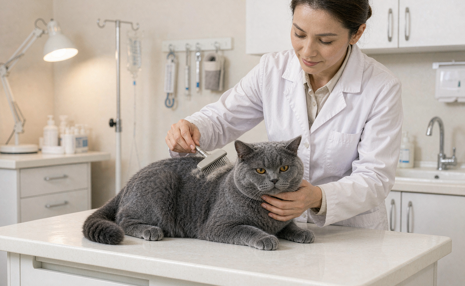 太原猫咪换毛季梳毛:兽医为英短猫梳理被毛