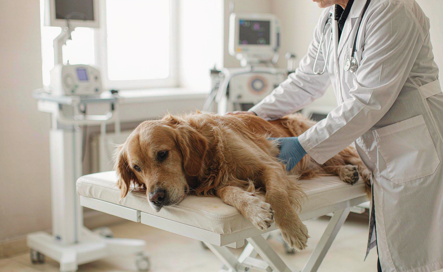 太原狗狗胰腺炎检查:兽医为金毛犬做腹部触诊